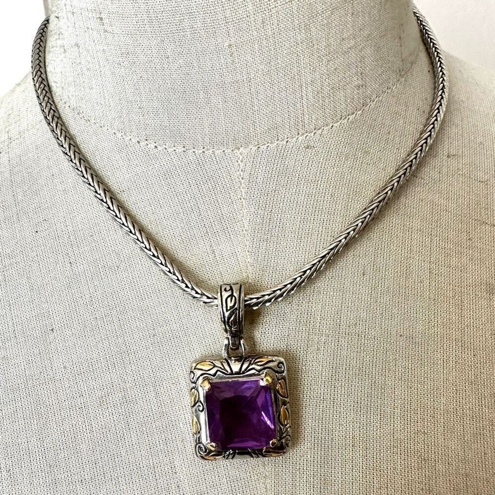 Purple silver and gold tone pendant necklace
